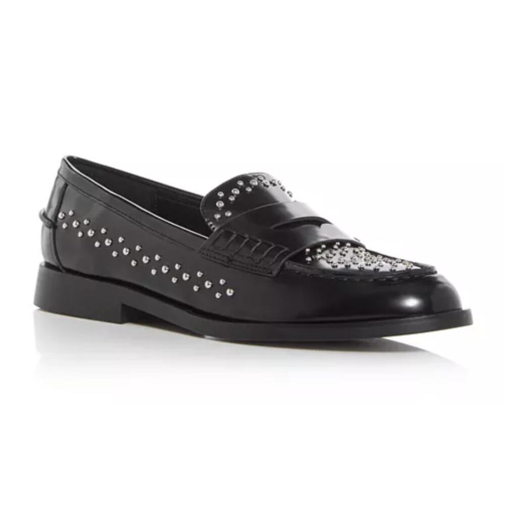 AQUA Black Silver Studded Bloomingdale Exclusive Embellished Penny Loafers NIB